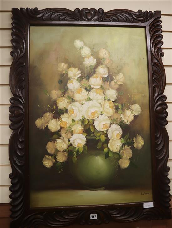 A. Julin, oil on canvas, Still life of roses in a vase, signed, 90 x 60cm